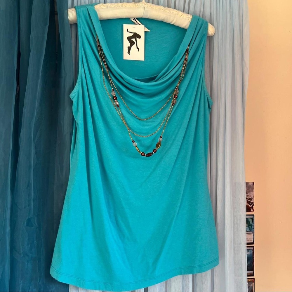 Cowl Neck Teal Top w/ Attached Necklace
